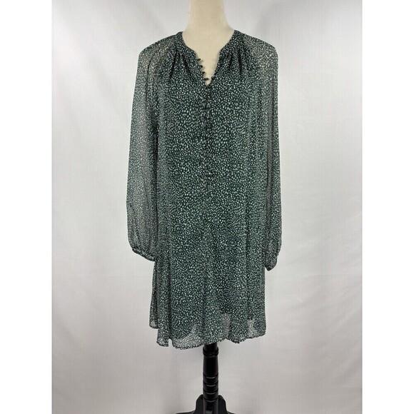 Joie Balloon Sleeve Dress Green Arctic Animal Print White Dot Medium Sheer - Picture 15 of 15